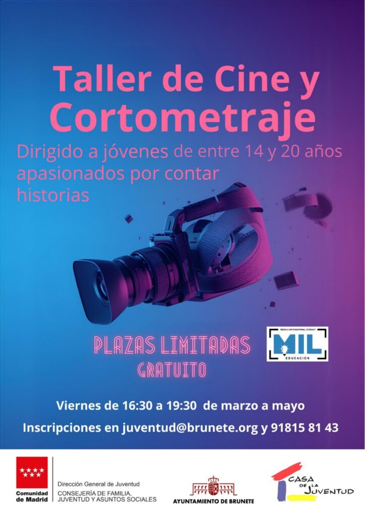 Cartel con cámara anunciando el taller de cine