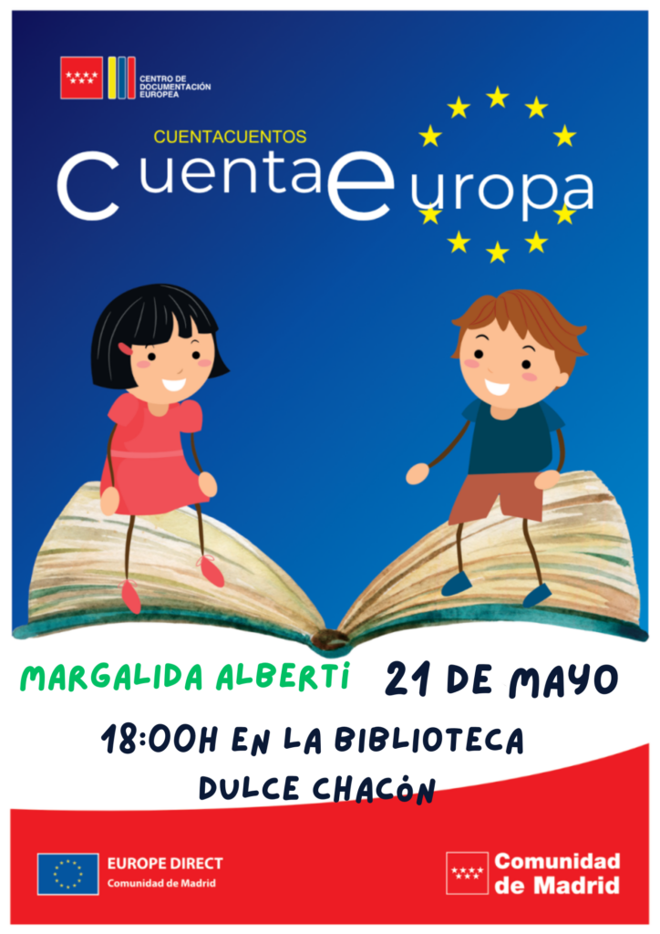 Cartel con niños libros y la bandera de la UE