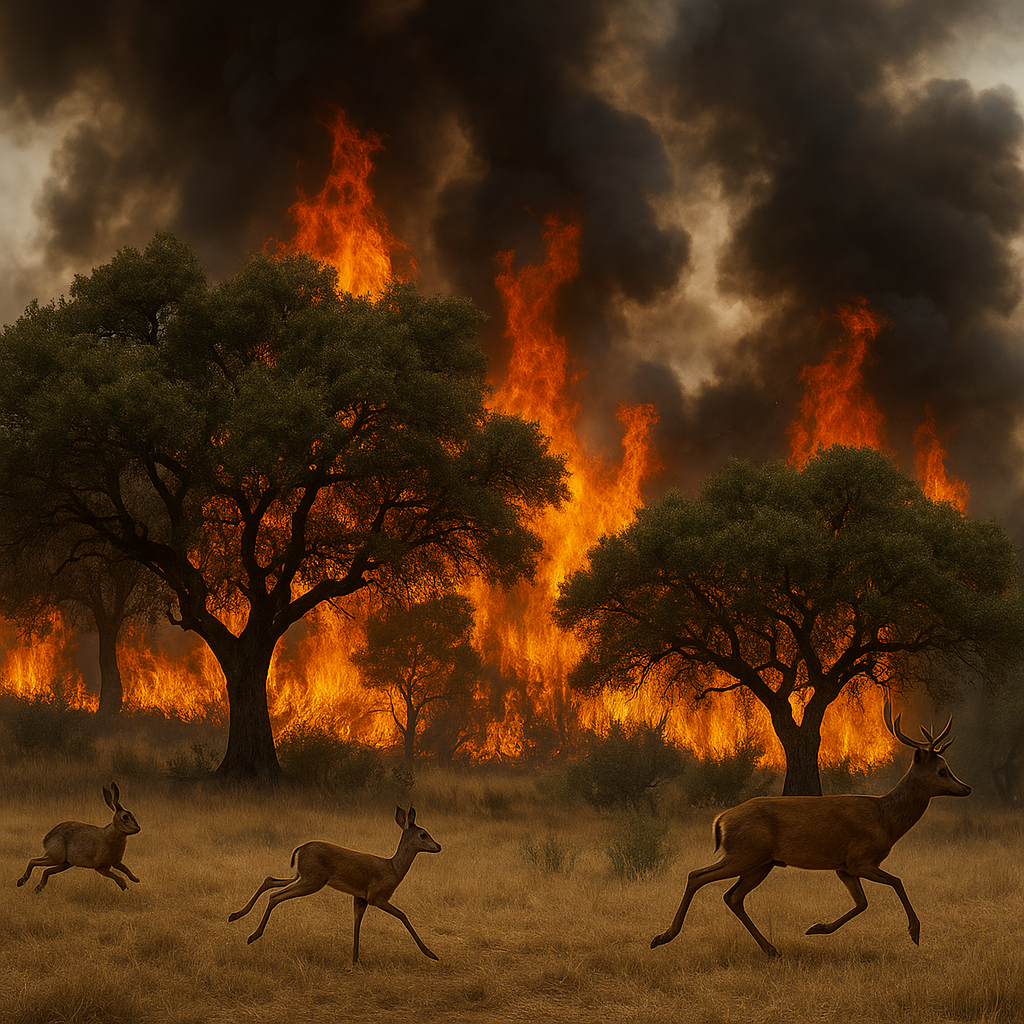 Encinas ardiendo con animales